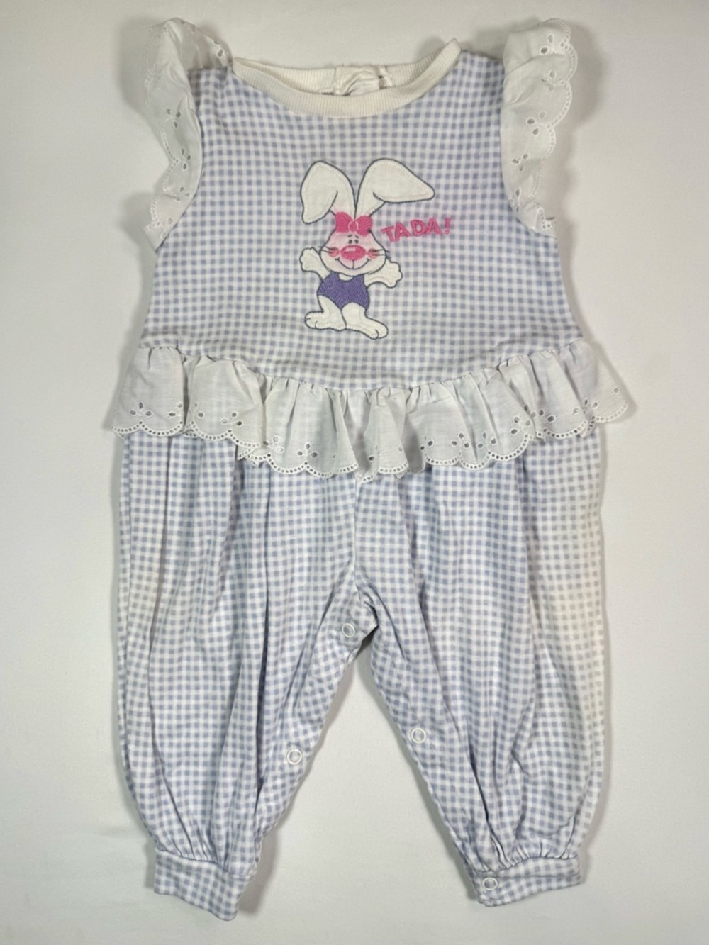 VINTAGE CARTERS Baby Girl 90s 12M Gingham Bunny Romper Eyelet Lace Cottagecore